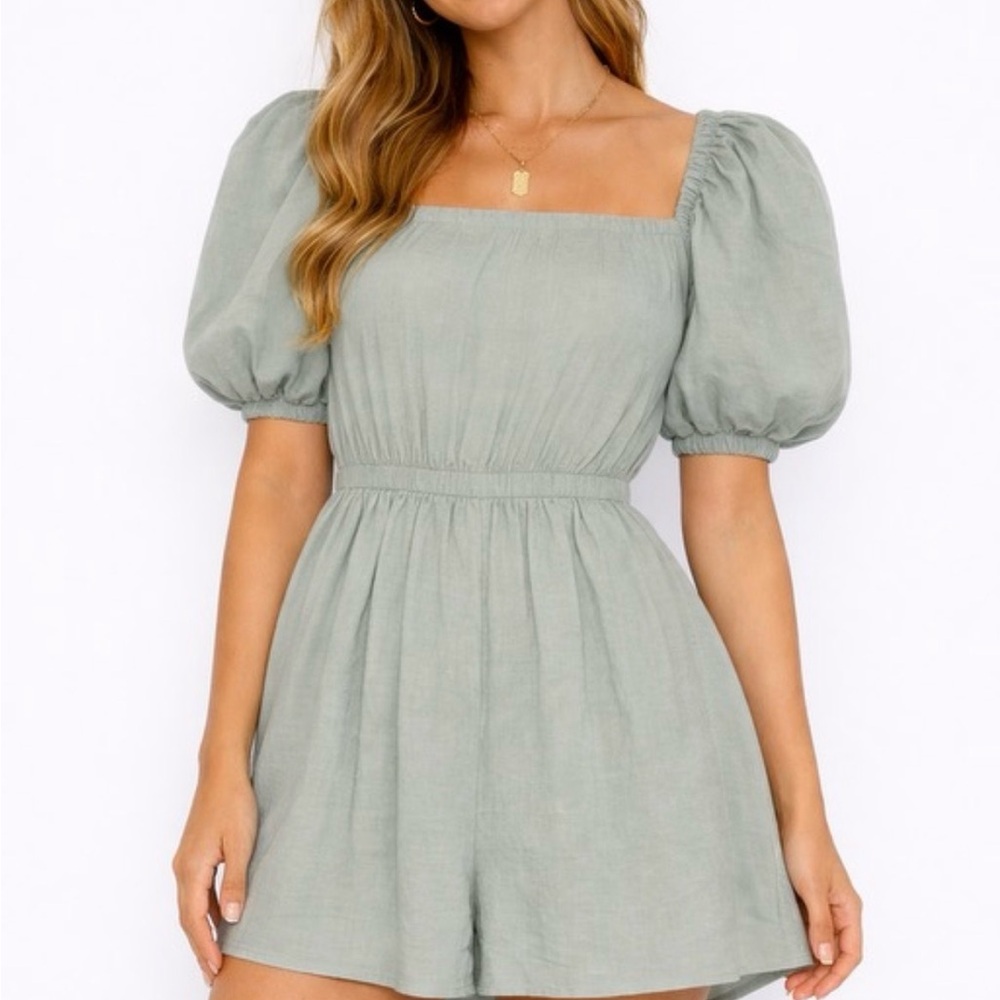 Light‎ Blue Puff Sleeve Square Neck Romper